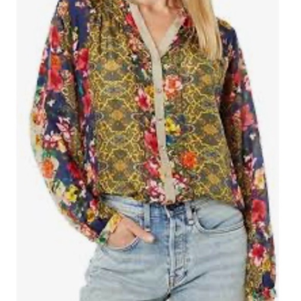 Johnny Was Floral Rosey Tate Silk Button Down Blouse Size S